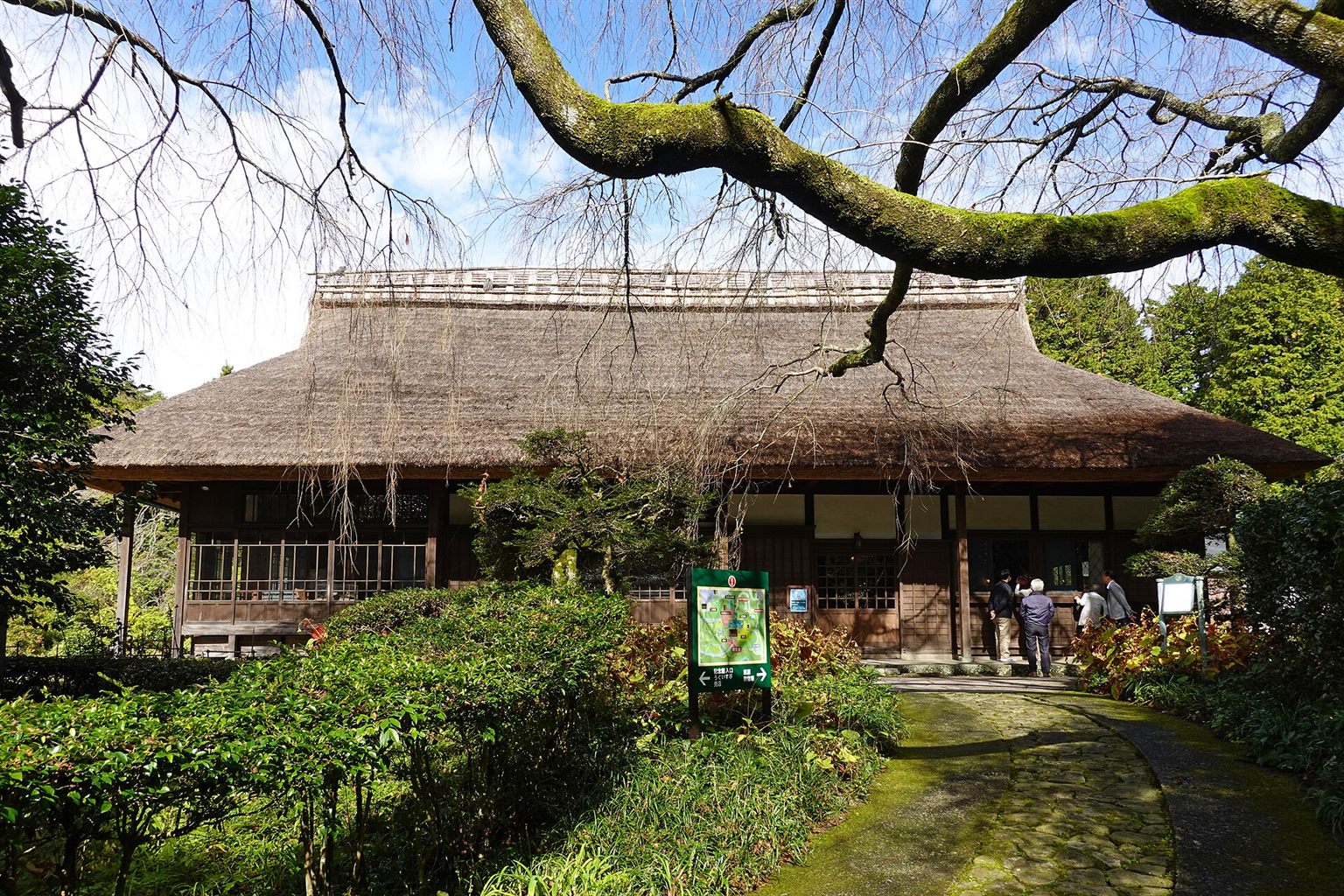 茅葺き屋根の母屋と、手前に枝を伸ばすしだれ桜の木がある秩父宮記念公園
