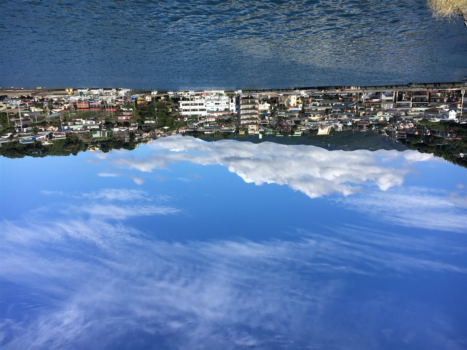 青空の下、入り江の奥に家々が斜面に並び、水面に小さな船が浮かぶ真鶴港