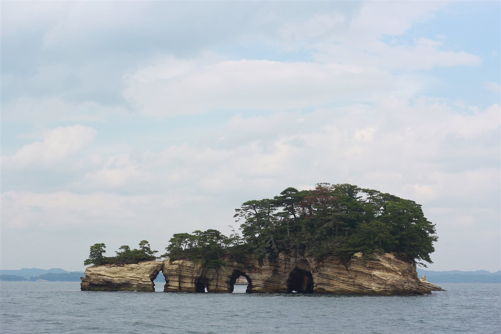 海に浮かぶ、松の茂った岩の小島。波に削られた岩に穴がいくつも開いている
