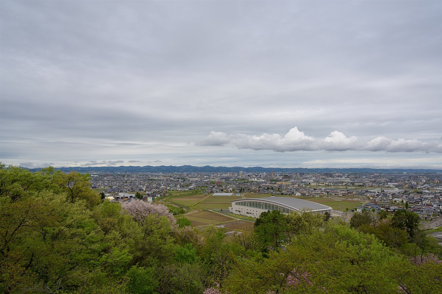 新緑の木々の向こうに広がる、長岡の市街地と田んぼ、遠くの山並み