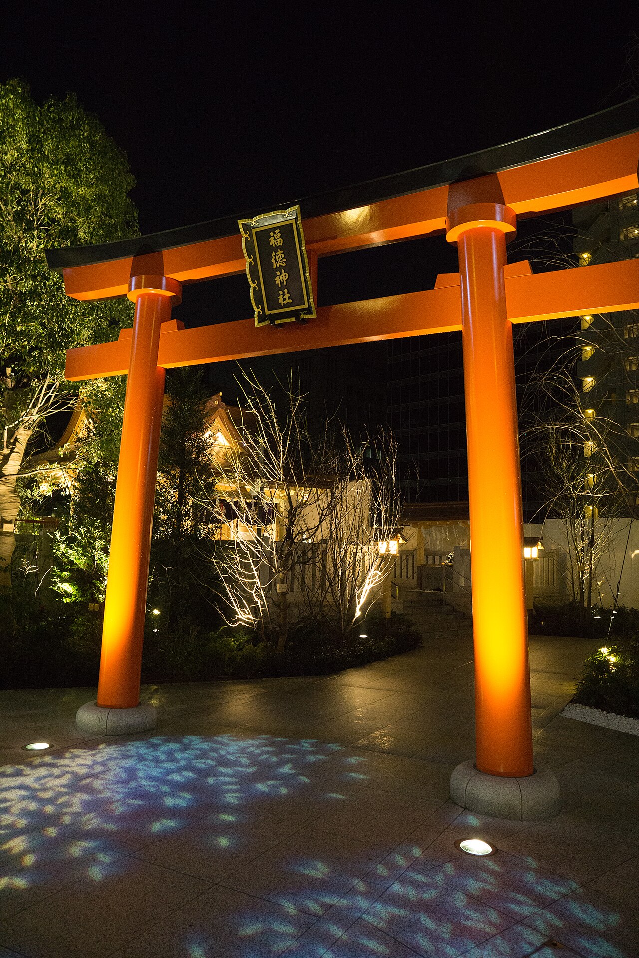 夜の境内で、明かりに照らされた朱色の鳥居と、その奥に見える社殿