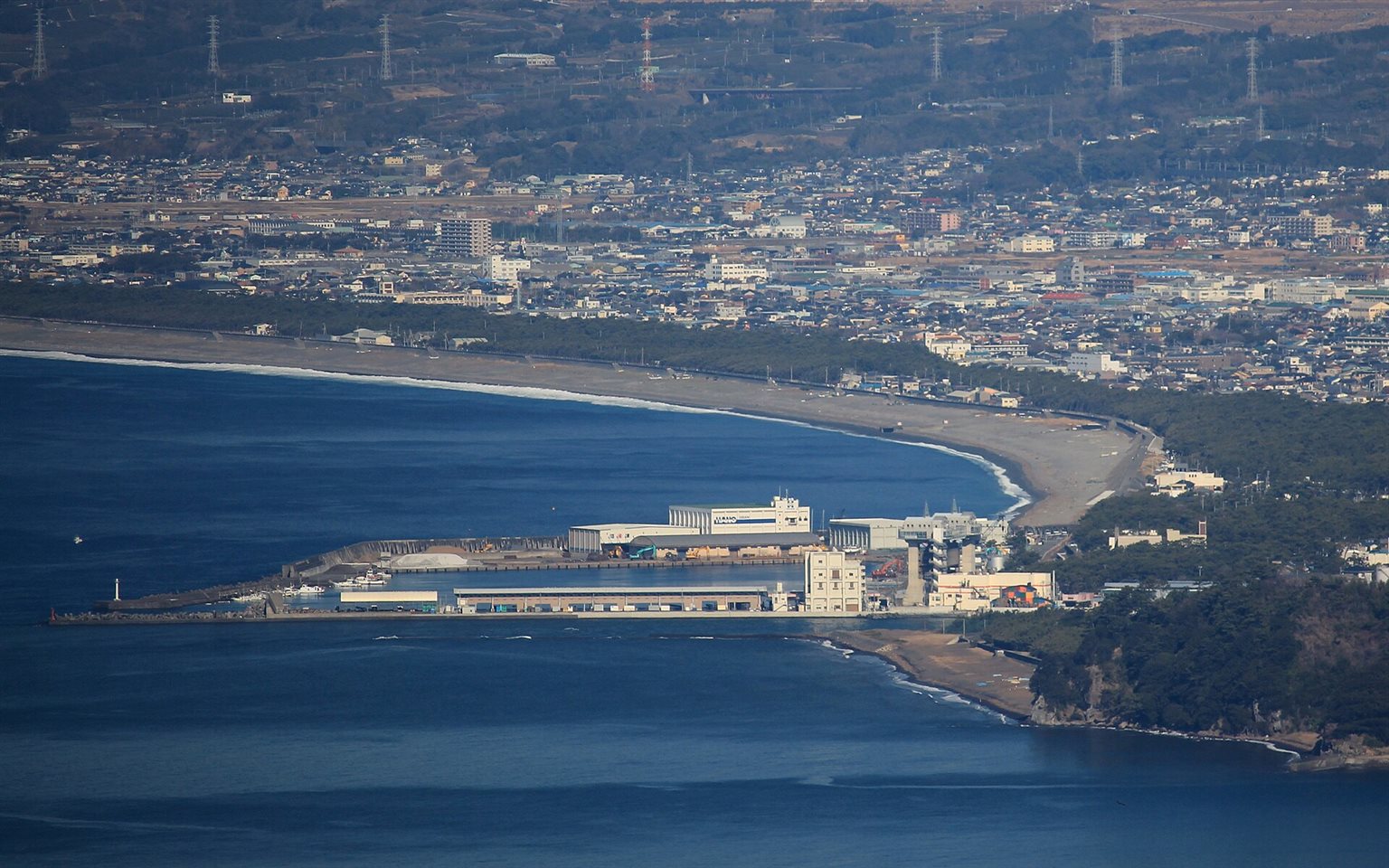 駿河湾に突き出した沼津港と、松林に沿って弧を描く千本浜の海岸線