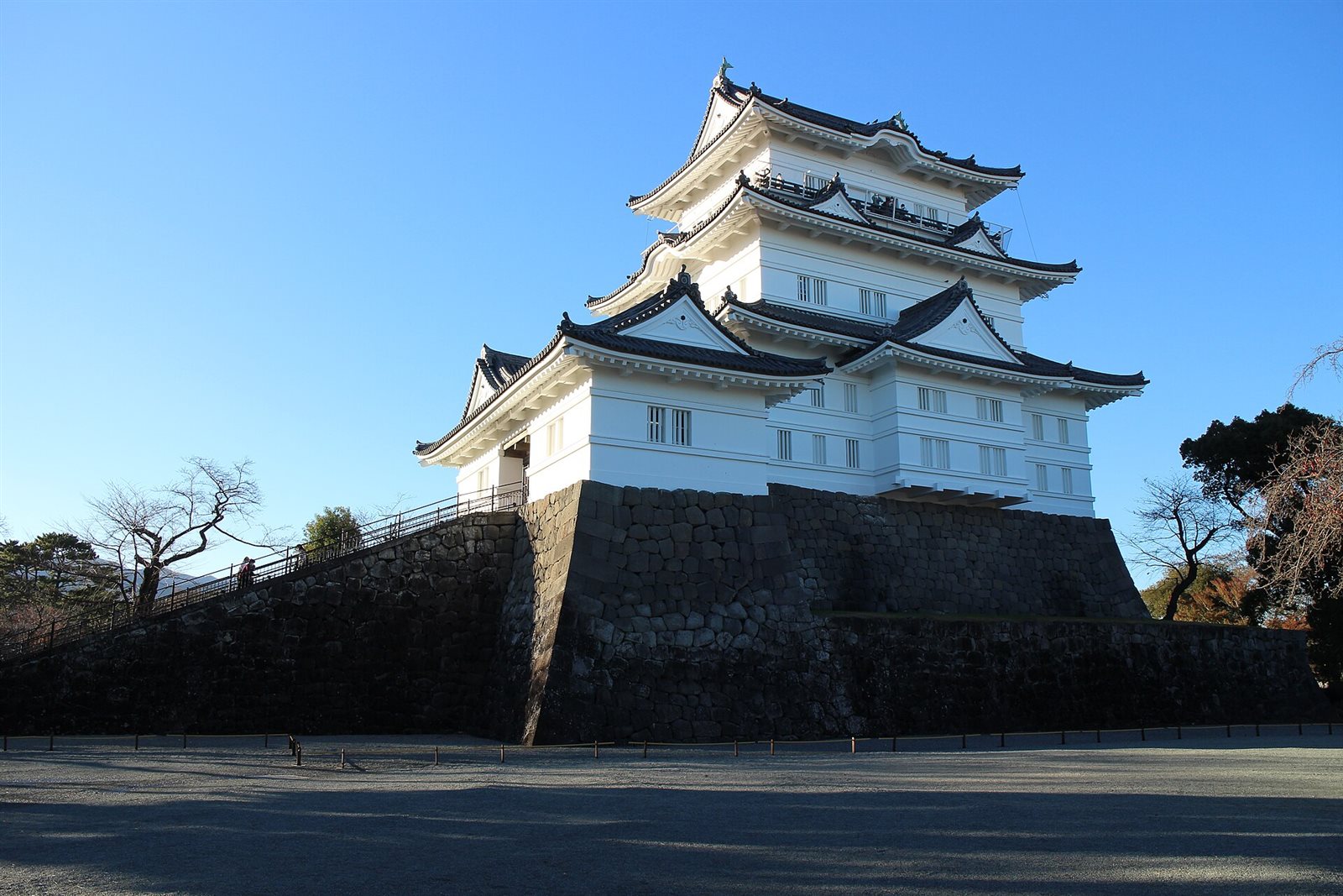 小田原城の天守閣。高い石垣の上に白壁の三重の天守が建ち、青空を背に冬の木立が並んでいる