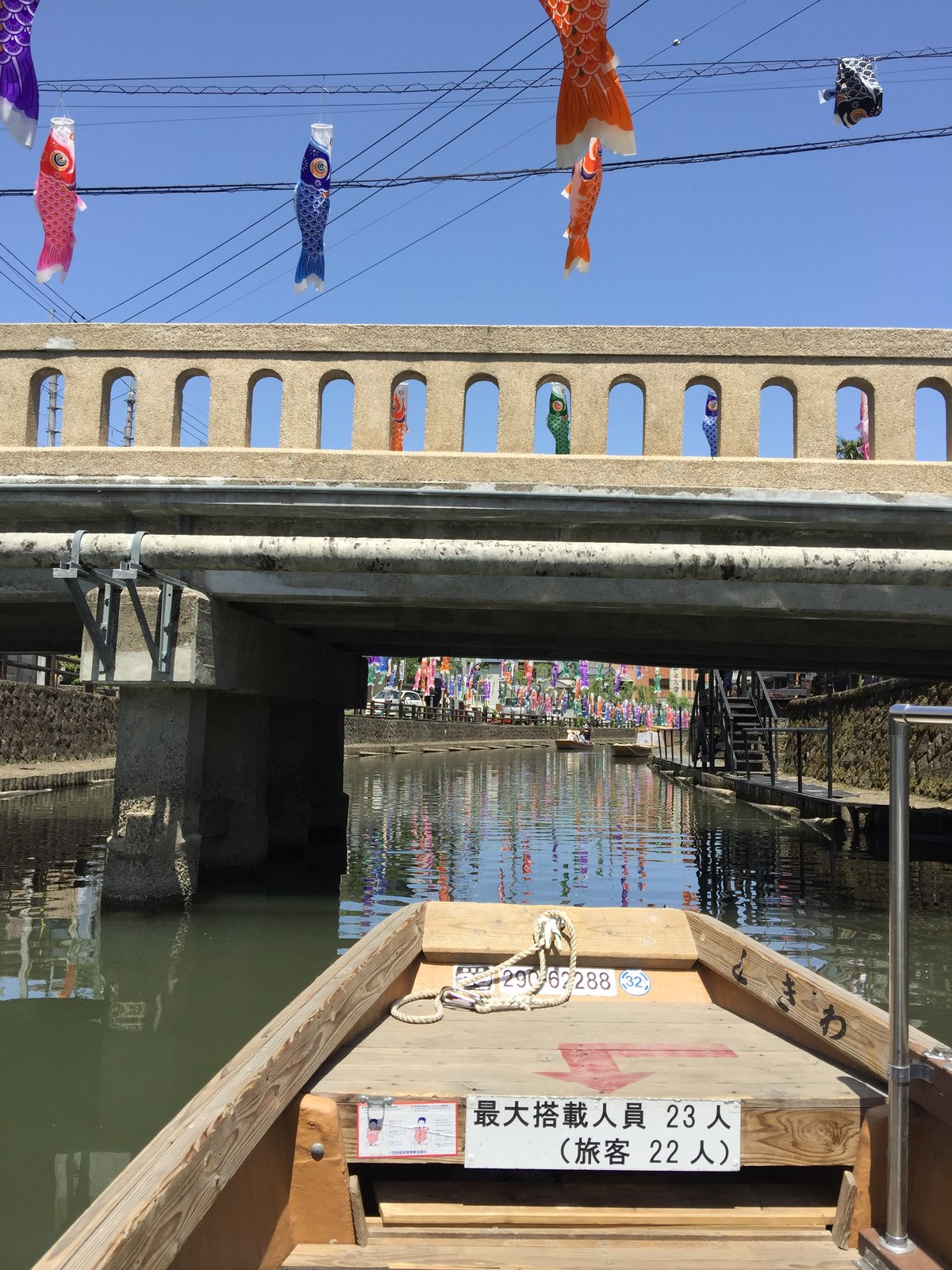 遊覧船の舳先から見た巴波川。橋をくぐる先の川の上に、たくさんの鯉のぼりが掲げられている