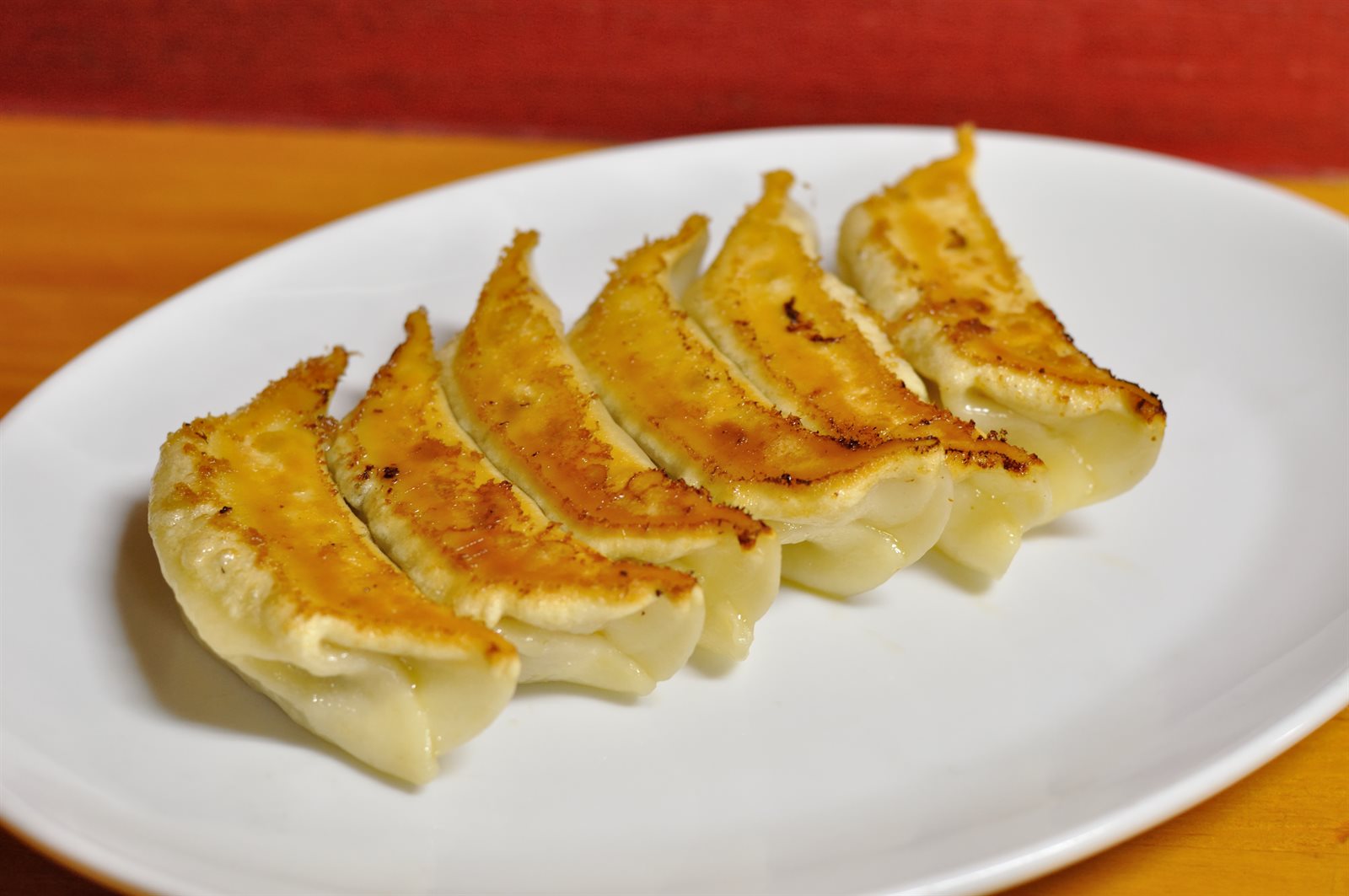 白い皿に並んだ焼き餃子5個。焼き目のついた面を上にして横一列に盛られている