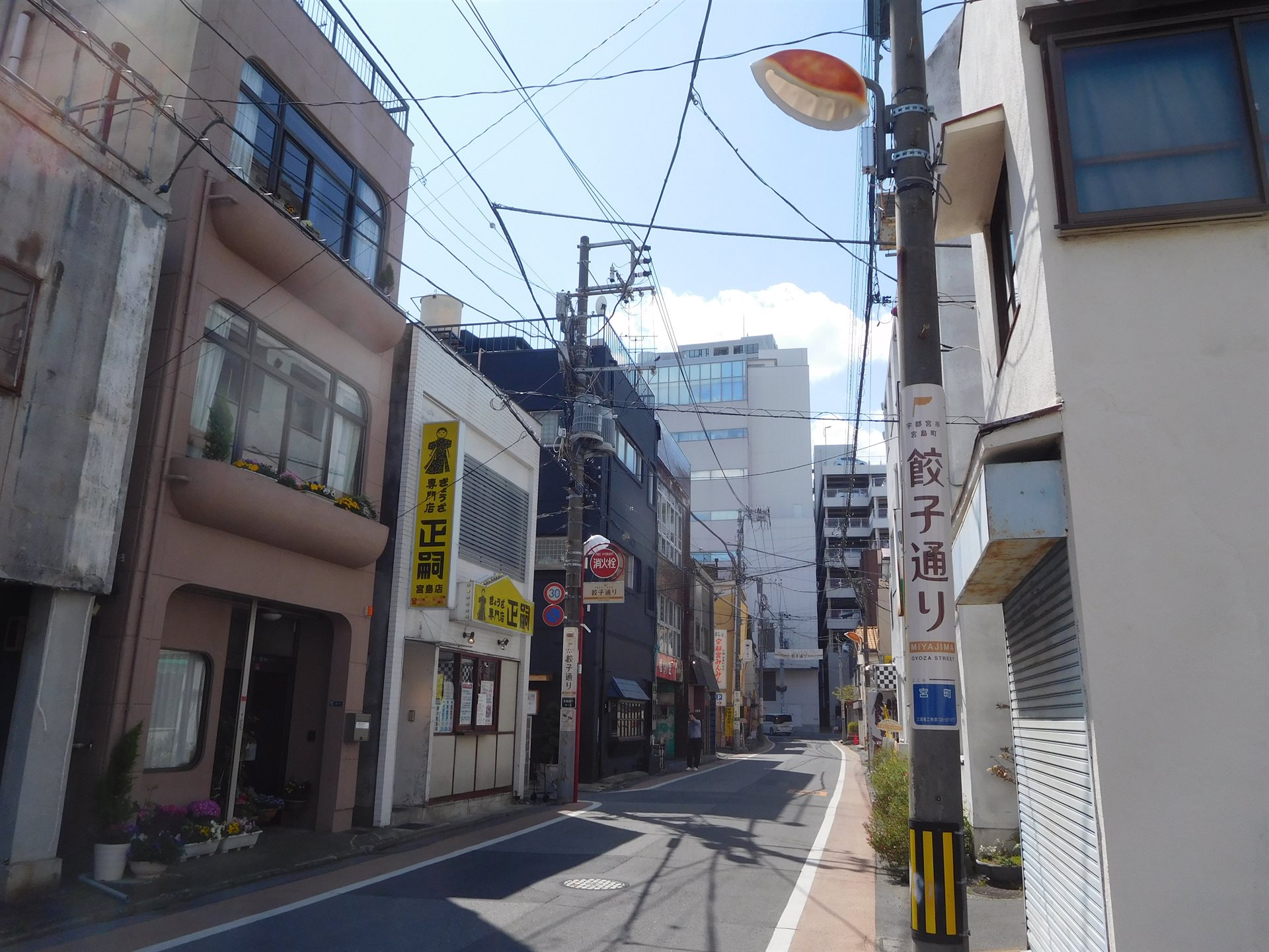 宇都宮の餃子通り。細い通り沿いに餃子店の看板が並び、電柱に「餃子通り」と書かれた縦長の看板と、焼き餃子をかたどった街灯が取り付けられている