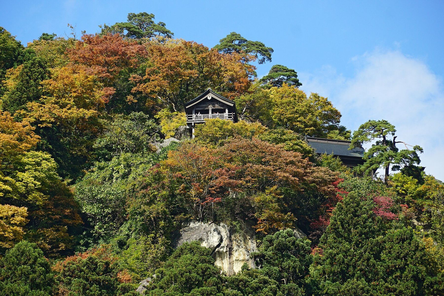 紅葉の山腹の岩壁の上に、五大堂が建つ山寺の景色
